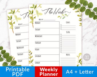 Planificateur hebdomadaire imprimable - Aquarelle verdure, Horaire hebdomadaire, Organisateur hebdomadaire, Semaine non datée en un coup d’œil, Semaine sur une page, Lettre A4 PDF
