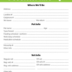 Pet Sitter Info Sheet Printable, Pet Info Sheet, Pet Sitter Checklist, Pet Sitter Notes, Dog Sitter Printable, Cat Sitter Printable, Planner image 2
