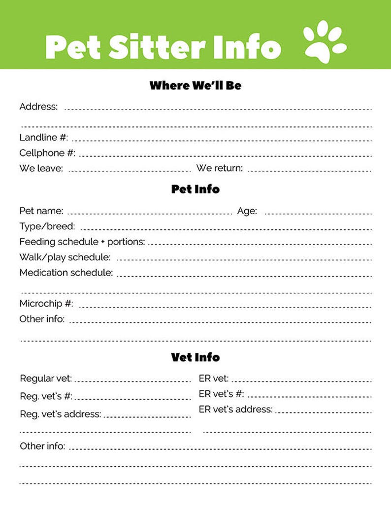 Pet Sitter Info Sheet Printable, Pet Info Sheet, Pet Sitter Checklist, Pet Sitter Notes, Dog Sitter Printable, Cat Sitter Printable, Planner image 2