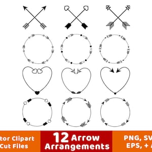 Puede incluir: Doce diseños de flechas en blanco y negro con corazones. Las flechas están dispuestas de diferentes maneras para crear círculos, corazones y otras formas. Estos diseños son perfectos para crear invitaciones de boda, páginas de álbumes de recortes u otros proyectos de manualidades.