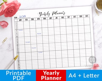 Planificador anual imprimible: horizontal, año de un vistazo imprimible, calendario sin fecha imprimible, calendario anual sin fecha, planificador con fecha abierta
