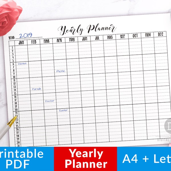 Yearly Planner Printable- Horizontal, Year at a Glance Printable, Undated Calendar Printable, Undated Yearly Schedule, Open Dated Planner