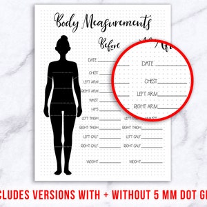 May include: Printable body measurement chart with a silhouette of a person and lines for recording measurements. The chart includes sections for chest, arms, waist, hips, thighs, calves, and weight. The chart has a 5 mm dot grid.