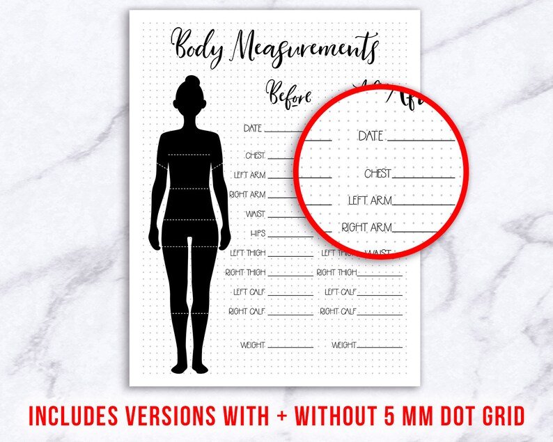 May include: Printable body measurement chart with a silhouette of a person and lines for recording measurements. The chart includes sections for chest, arms, waist, hips, thighs, calves, and weight. The chart has a 5 mm dot grid.