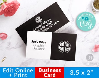 Editable Business Card Template- Black + White, Printable Business Card, DIY Template, Custom Business Card, Minimalist Modern Stationery