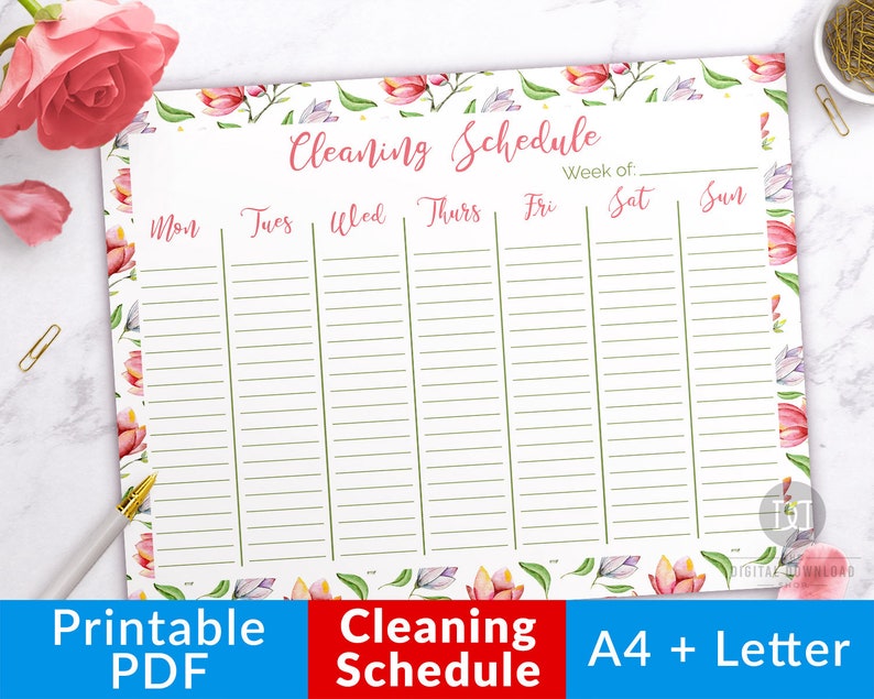 Weekly Cleansing Routine Printable- Floral, Cleansing Planner Printable, Cleansing Program Template, Cleansing Record Printable Chores Checklist image about Printable Cleaning Schedule Template known as Weekly Cleansing Plan Printable- Floral, Cleansing Planner Printable, Cleansing Routine Template, Cleansing Record Printable Chores Record