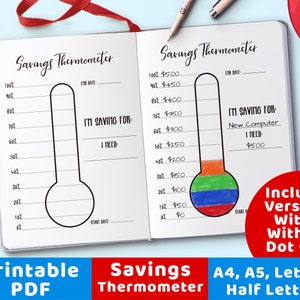 Savings Thermometer Printable, Bullet Journal Savings Goal Thermometer Tracker, Emergency Fund Savings Chart, Vacation Savings, Bujo Insert image 1