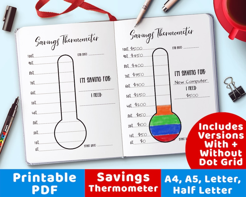 Savings Thermometer Printable, Bullet Journal Savings Goal Thermometer Tracker, Emergency Fund Savings Chart, Vacation Savings, Bujo Insert image 1