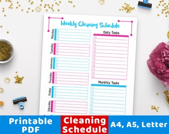 May include: Printable weekly cleaning schedule template in A4, A5, and Letter sizes. The template has a pink and blue color scheme with checkboxes for daily and monthly tasks.
