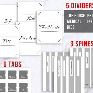 May include: A set of six grey tabs with white text, labelled "The House", "Medical", "Kids", "Pets", "Home Management", and "Info". The tabs are for a binder or planner. There are also five grey dividers with white text, labelled "The House", "Pets", "Medical", "Kids", and "Info". Finally, there are three grey spines with white text, labelled "Family", "Home Management", and "Household".