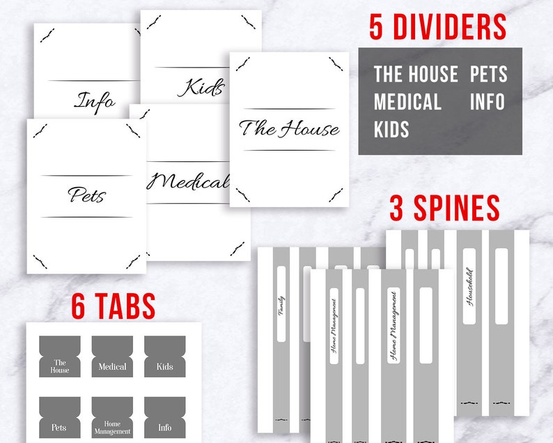 May include: A set of six grey tabs with white text, labelled "The House", "Medical", "Kids", "Pets", "Home Management", and "Info". The tabs are for a binder or planner. There are also five grey dividers with white text, labelled "The House", "Pets", "Medical", "Kids", and "Info". Finally, there are three grey spines with white text, labelled "Family", "Home Management", and "Household".