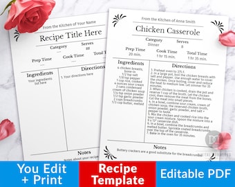 Recipe Template Editable, Printable Recipe Template, Recipe Binder Printable, Cookbook Template, Printable Cookbook, Editable Recipe Book