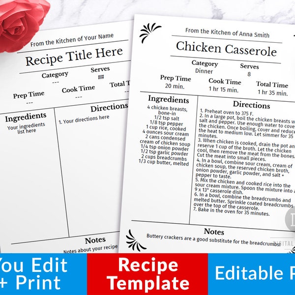 Recipe Template Editable, Printable Recipe Template, Recipe Binder Printable, Cookbook Template, Printable Cookbook, Editable Recipe Book