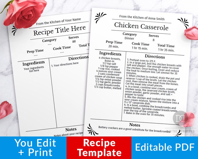 Recipe Template Editable, Printable Recipe Template, Recipe Binder Printable, Cookbook Template, Printable Cookbook, Editable Recipe Book 