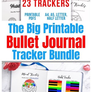 May include: A printable bullet journal tracker bundle with 23 trackers. The bundle includes a mood tracker with a gumball machine design, a habit tracker with a piano design, and a water tracker. The text "The Big Printable Bullet Journal Tracker Bundle" is displayed in large, bold letters.