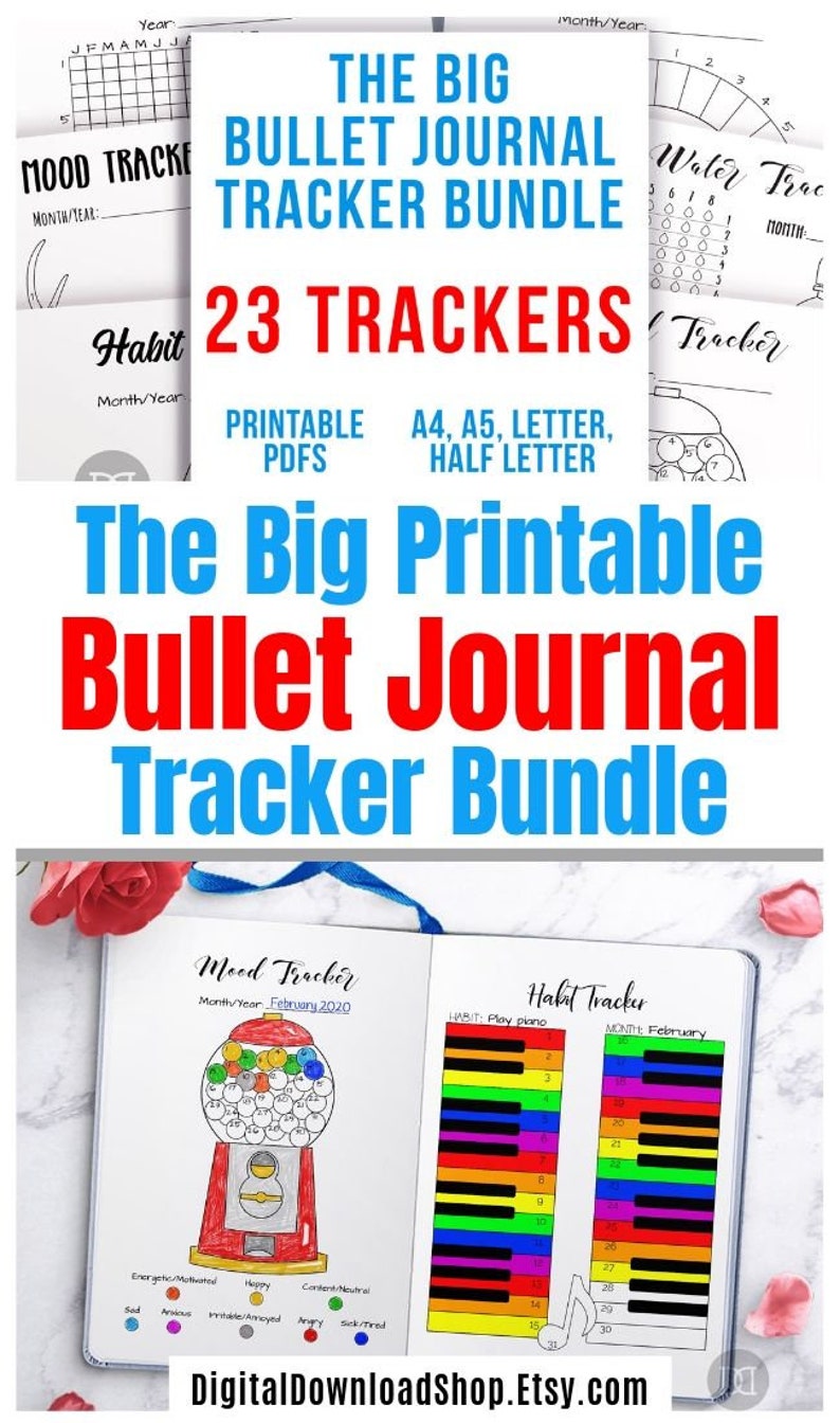May include: A printable bullet journal tracker bundle with 23 trackers. The bundle includes a mood tracker with a gumball machine design, a habit tracker with a piano design, and a water tracker. The text "The Big Printable Bullet Journal Tracker Bundle" is displayed in large, bold letters.