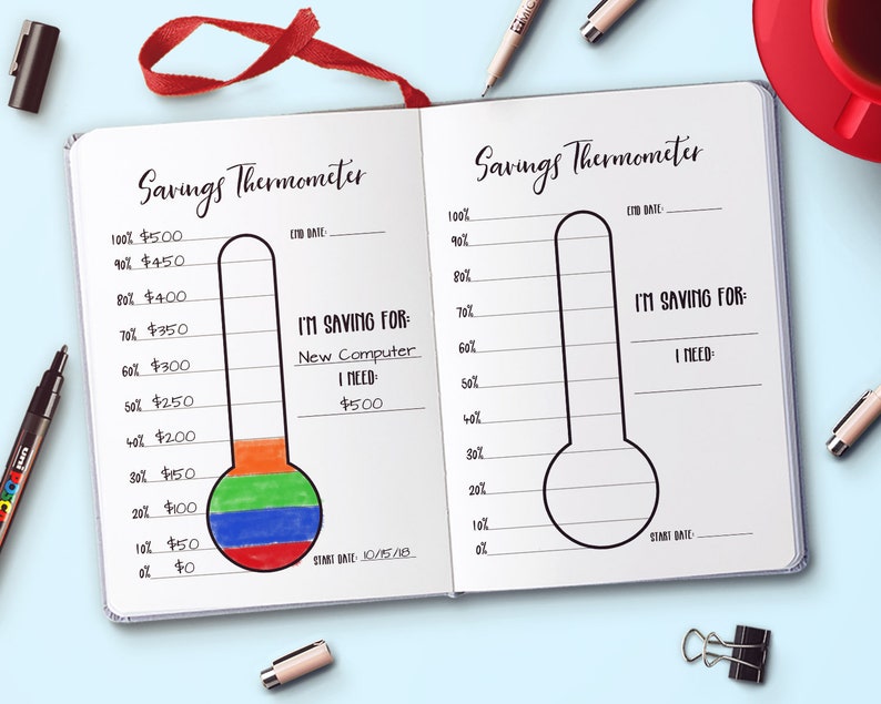 Savings Thermometer Printable, Bullet Journal Savings Goal Thermometer Tracker, Emergency Fund Savings Chart, Vacation Savings, Bujo Insert image 2