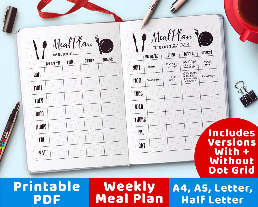 Weekly Menu Planner Printable, Bujo Journal Weekly Meal Plan Printable ...