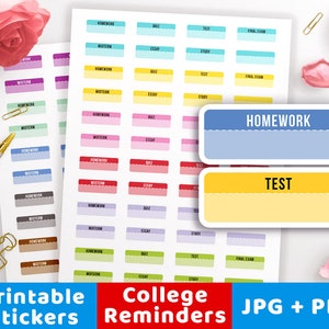 May include: Printable college reminder stickers in various colors with labels for homework, midterm, quiz, essay, test, study, and final exam. The stickers are in a JPG and PDF format.