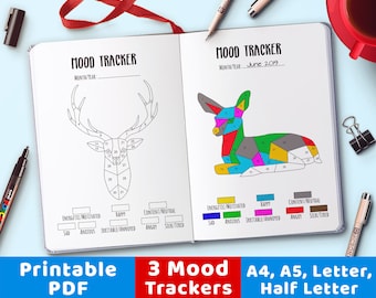 3 Bujo Journal Mood Trackers- Deer, Mood Tracker Printables, Depression Tracker Anxiety Tracker Mood Chart, Bujo Printable Planner Inserts