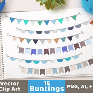 May include: A collection of 15 vector clip art buntings in various shades of blue, gray, and brown. The buntings are displayed on a white background, with each design featuring a different shape. Text at the bottom reads "Vector Clip Art" and "15 Buntings".