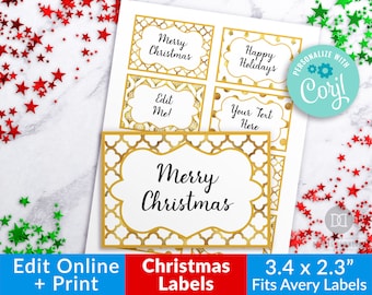 Gold Christmas Labels Template Editable, Printable Christmas Gift Labels, Personalized Christmas Tags, Custom Christmas Buffet Food Tags