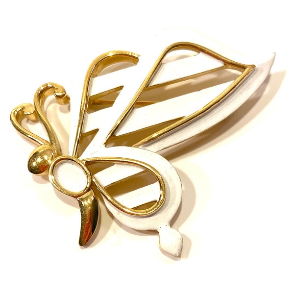 Crown Trifari Alfred Philippe Mid-Century White Enamel Butterfly Brooch