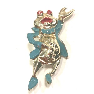 Vintage Anthropomorphic Singing Frog With Enamel Blue Coat And Bowtie Brooch