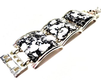 Vintage Chunky Confetti Lucite  Black And Silver Bracelet AS IS