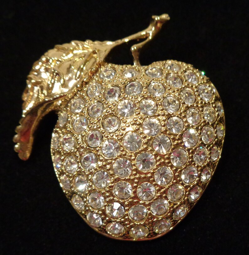 Vintage Goldtone Apple Brooch With Clear Rhinestones Etsy