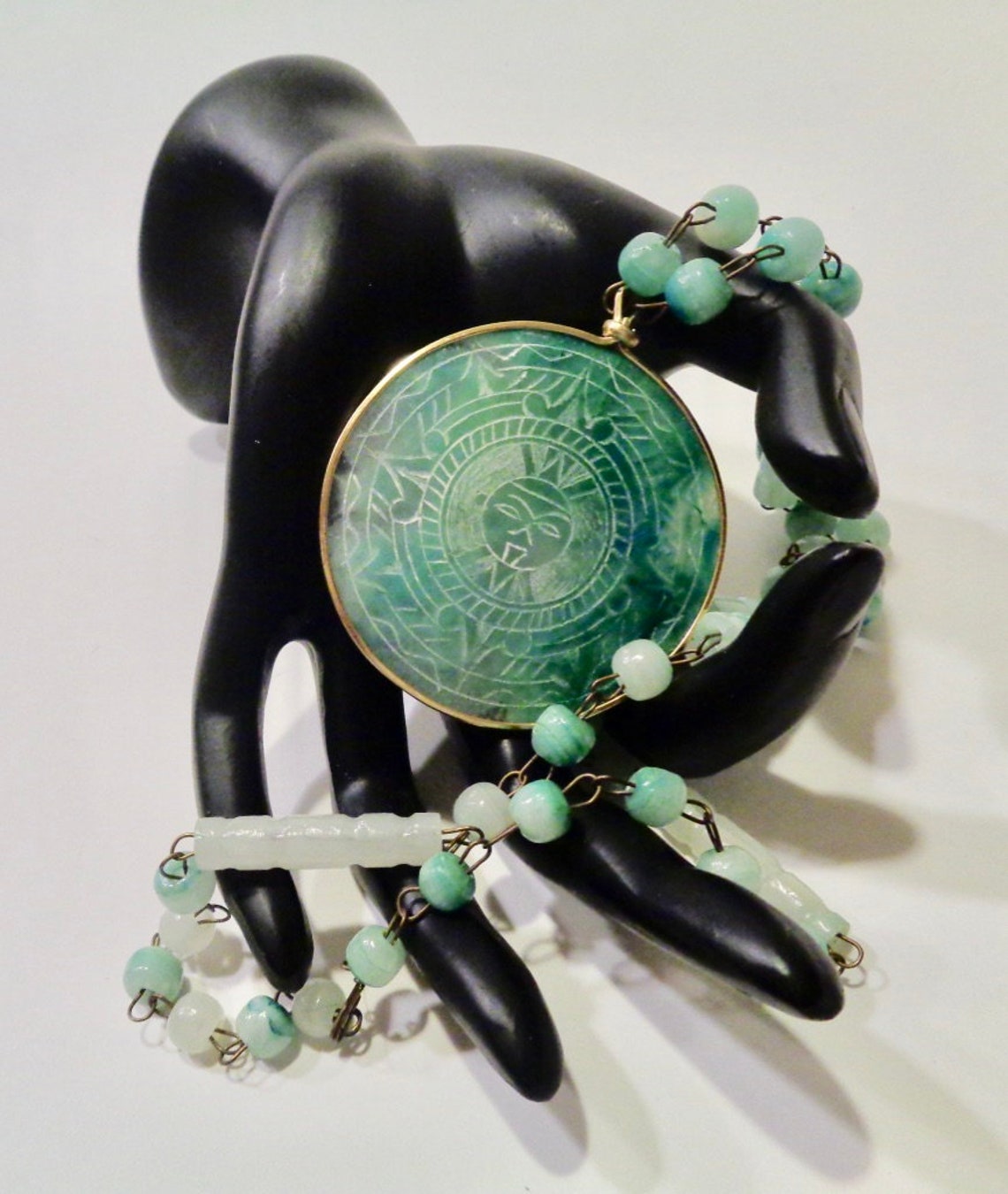Vintage Agate Aqua Green Aztec Design Pendant Necklace | Etsy