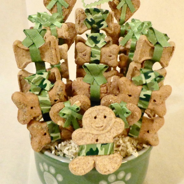 Dog biscuit treat dog gift basket in green bowl with paw prints, unique dog gift, dog birthday, camo,  personalized dog gift, new puppy gift