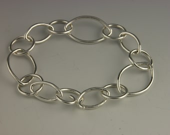 Marquise & Round Fine Silver Chain Link 7” Bracelet