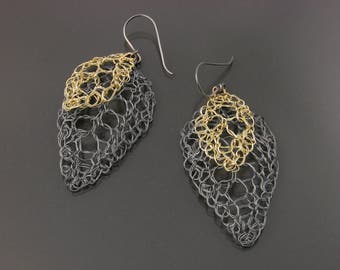 Leaf Lace Earrings 18k Yellow Gold and Oxidized Fine Silver Handknit