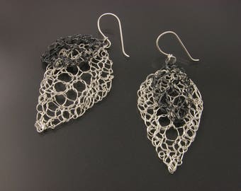 Leaf Lace Fine Silver Earrings Hand Knit Polished and Oxidized