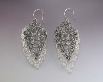 Leaf Lace Earrings Handnit Polished and Oxidized Fine Silver