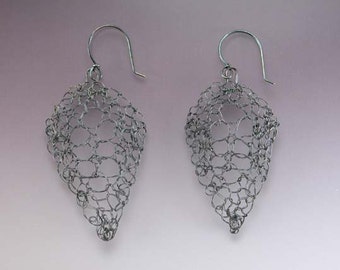 Leaf Lace Knit Fine Silver Earrings Oxidized