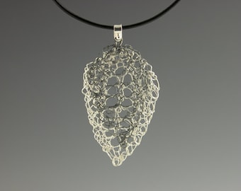 Leaf Lace Pendant Knit Fine Silver Handknit Polished and Oxidized on Leather Cord