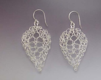 Leaf Lace Earrings Knit Fine Silver Handknit Polished