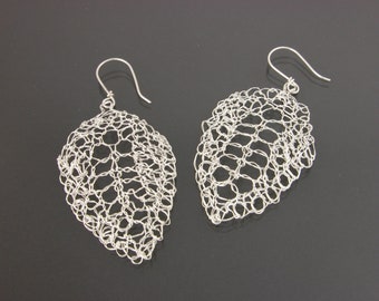 Leaf Lace Earrings Large Handknit Polished Fine Silver