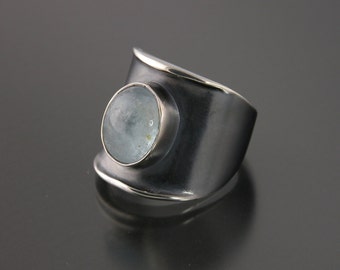 Aquamarine Bezel Set Cabachon Forged Sterling Silver Wide Ring