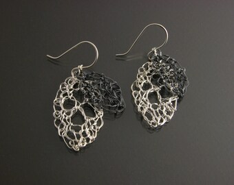 Handknit Leaf Lace Earrings Small Oxidized with Extra Small Polished Motifs
