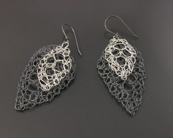 Leaf Lace Earrings Handknit Fine Silver Oxidized and Polished