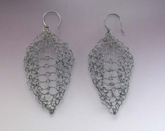 Leaf Lace Oxidized Fine Silver Handknit Earrings Large