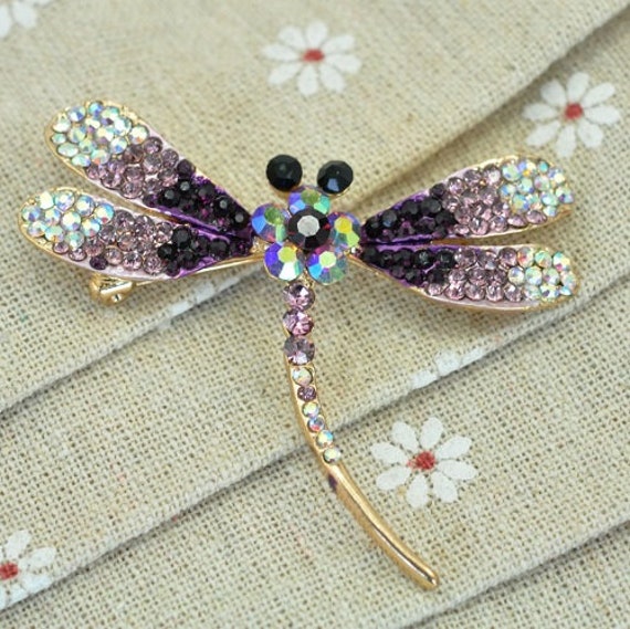 New Design Purple Rhinestones Dragonfly Retractable ID Name Badge