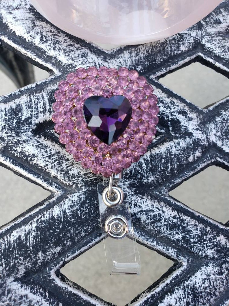 Retractable ID name badge holder New Full Rhinestones Sweet Heart