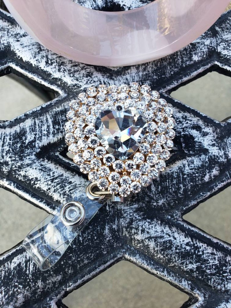 Retractable ID name badge holder New Full Rhinestones Sweet Heart