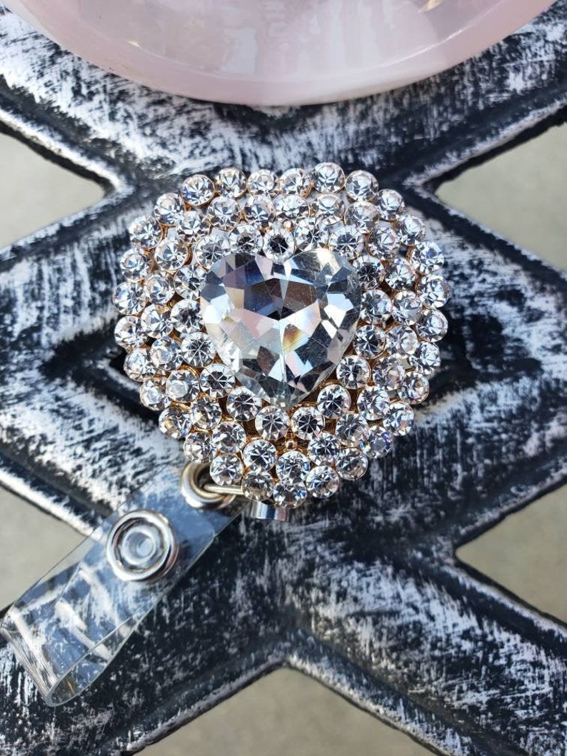 Retractable ID name badge holder New Full Rhinestones Sweet Heart