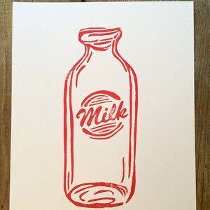 Milk | Vintage Bottle Illustration | Block Print Wall Art | Hand Lettering, Linocut, Hand Printed | 11 x 14 | Red and White | Southern Art