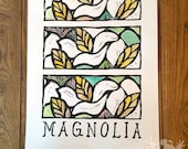 Magnolia Block Print Wall Art, Hand Painted Block Print Poster, Mississippi State Flower, Linocut Print, Botanical Art, Southern Art Linocut